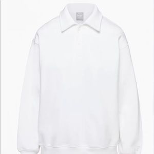 TNA COZY FLEECE BOYFRIEND POLO SWEATER IN WHITE